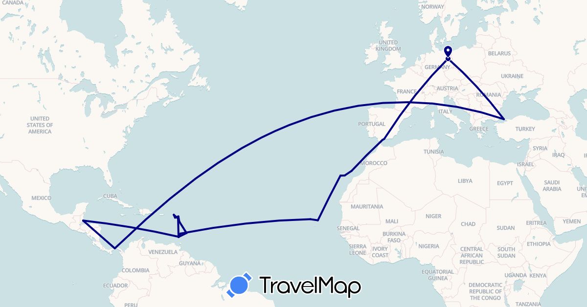 TravelMap itinerary: driving in Antigua and Barbuda, Barbados, Belize, Cape Verde, Germany, Spain, France, Grenada, Gibraltar, Saint Kitts and Nevis, Panama, Turkey, Saint Vincent and the Grenadines (Africa, Asia, Europe, North America)